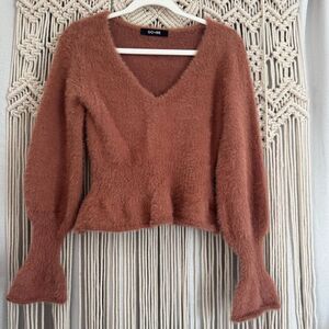Do+Be Fuzzy V-Neck Sweater with Statement Sleeves, Women’s Small